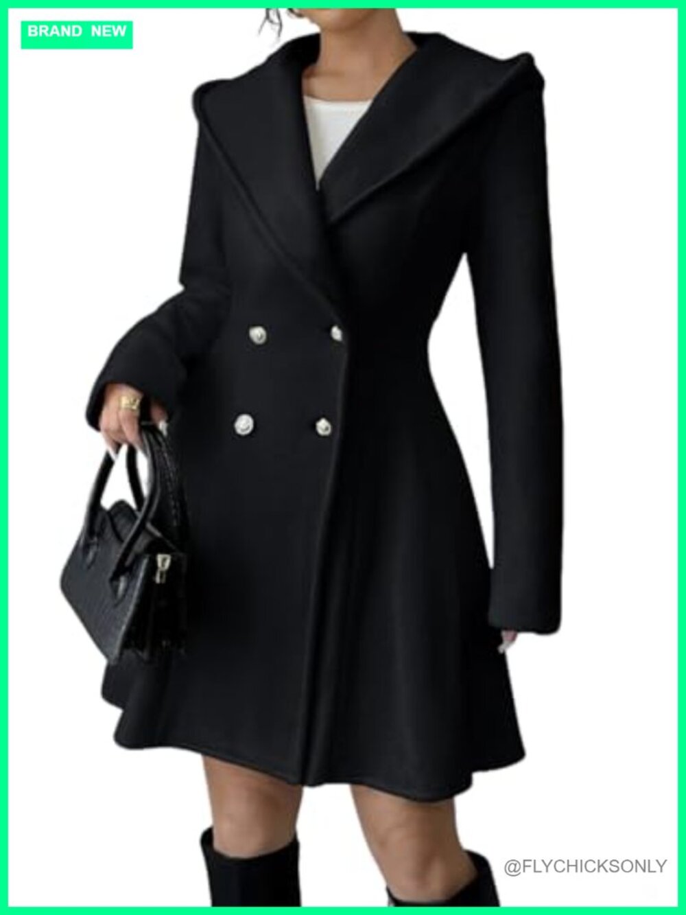 Women Winter Double Breasted Hooded Wool Coat A-Line Trench Peacoat